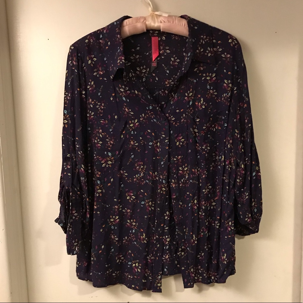 Navy Blue Floral Button-up Top